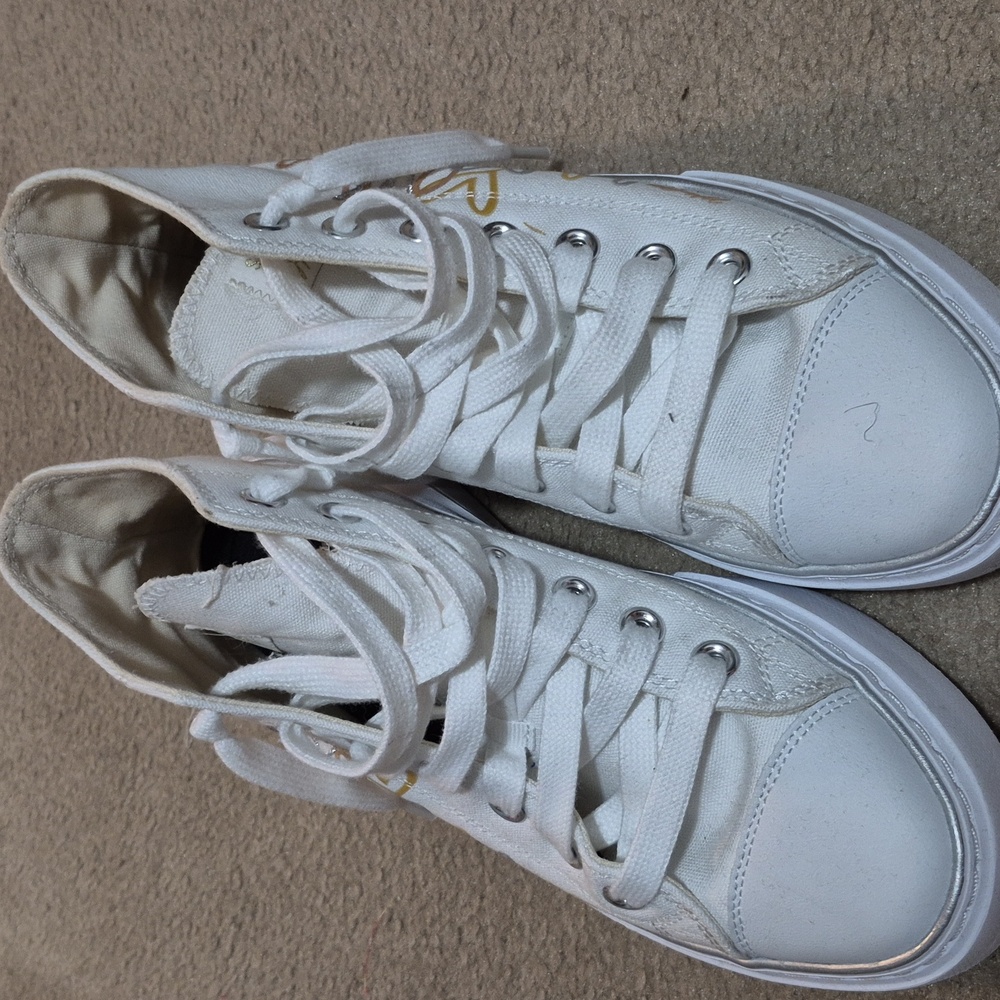 Sketchers White High-Top Sneakers with Gold Accents